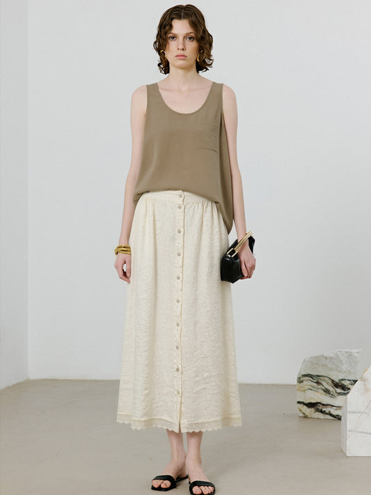 Women's Linen Button Front Maxi Skirt – Lace Hem A-Line Long Skirt with Elastic Waist