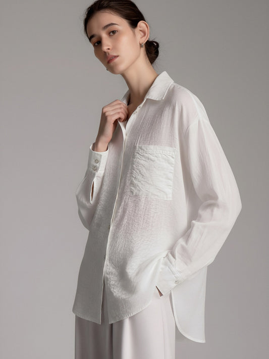 Women's Linen Oversized Button-Up Shirt – Lightweight Long Sleeve Relaxed Fit Blouse BIANCO