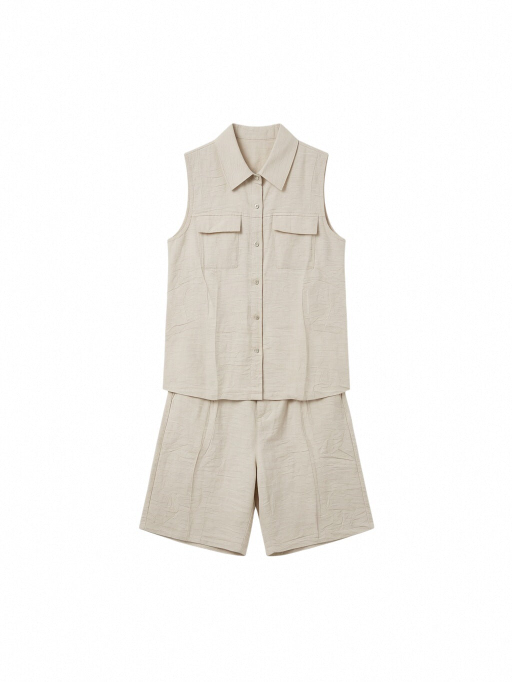 Women’s Linen Two-Piece Shorts Set – Sleeveless Button-Up Linen Shirt & Wide-Leg Shorts Co-Ord Summer Outfit