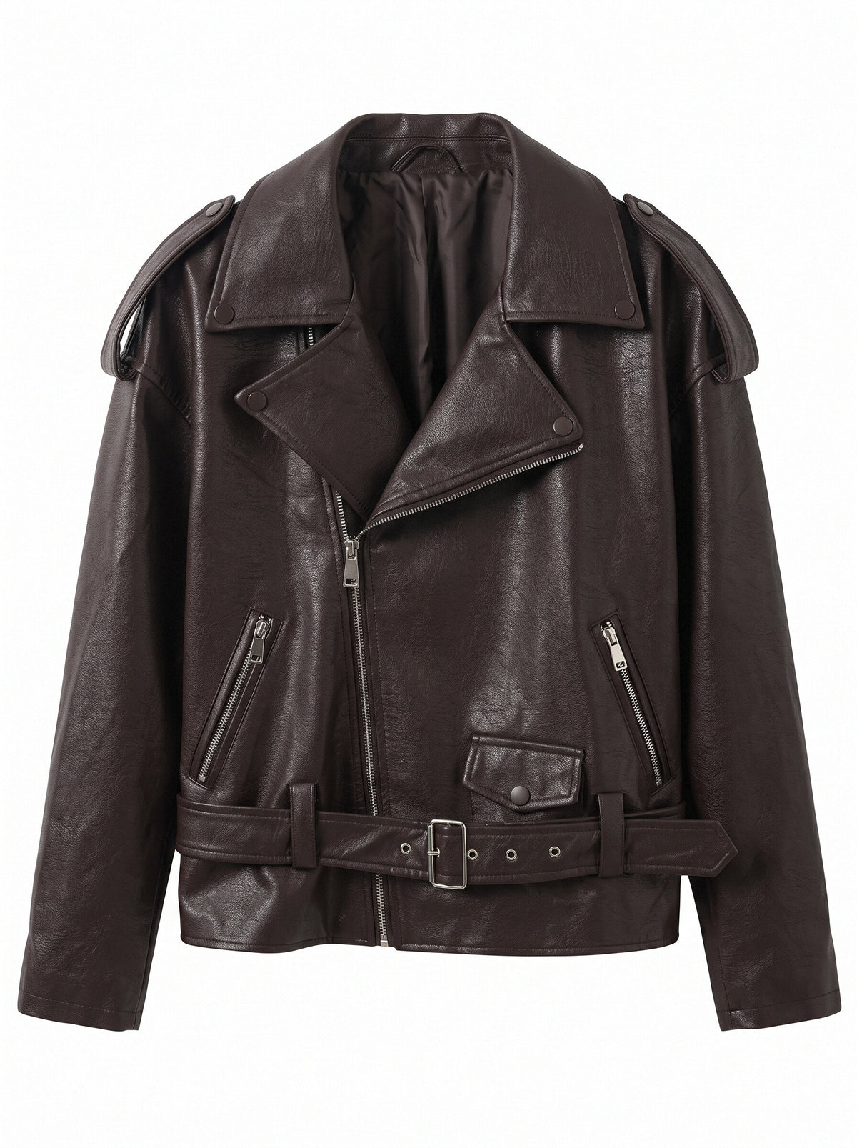 Women’s Oversized Biker Jacket – Faux Leather Belted Moto Jacket with Zip Pockets
