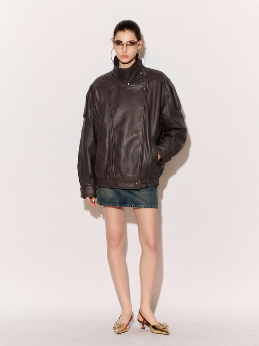 Women’s Oversized Brown Faux Leather Bomber Jacket – High Neck Biker Style Zip-Up Coat