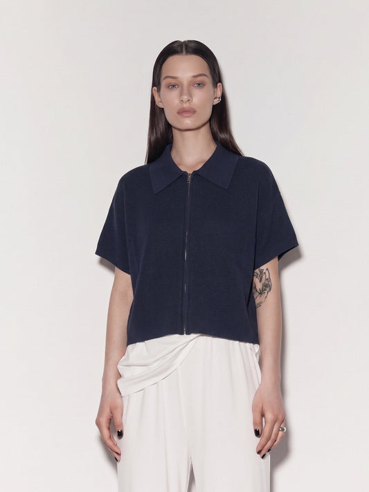 Women’s Knitted Zip-Up Polo Top – Oversized Short Sleeve Collared Cardigan