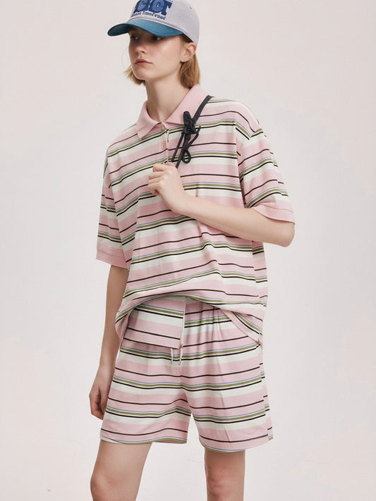 Women’s Striped Polo Shirt & Shorts Set – Casual Two Piece Lounge Set, Oversized Summer Co-Ord Outfit