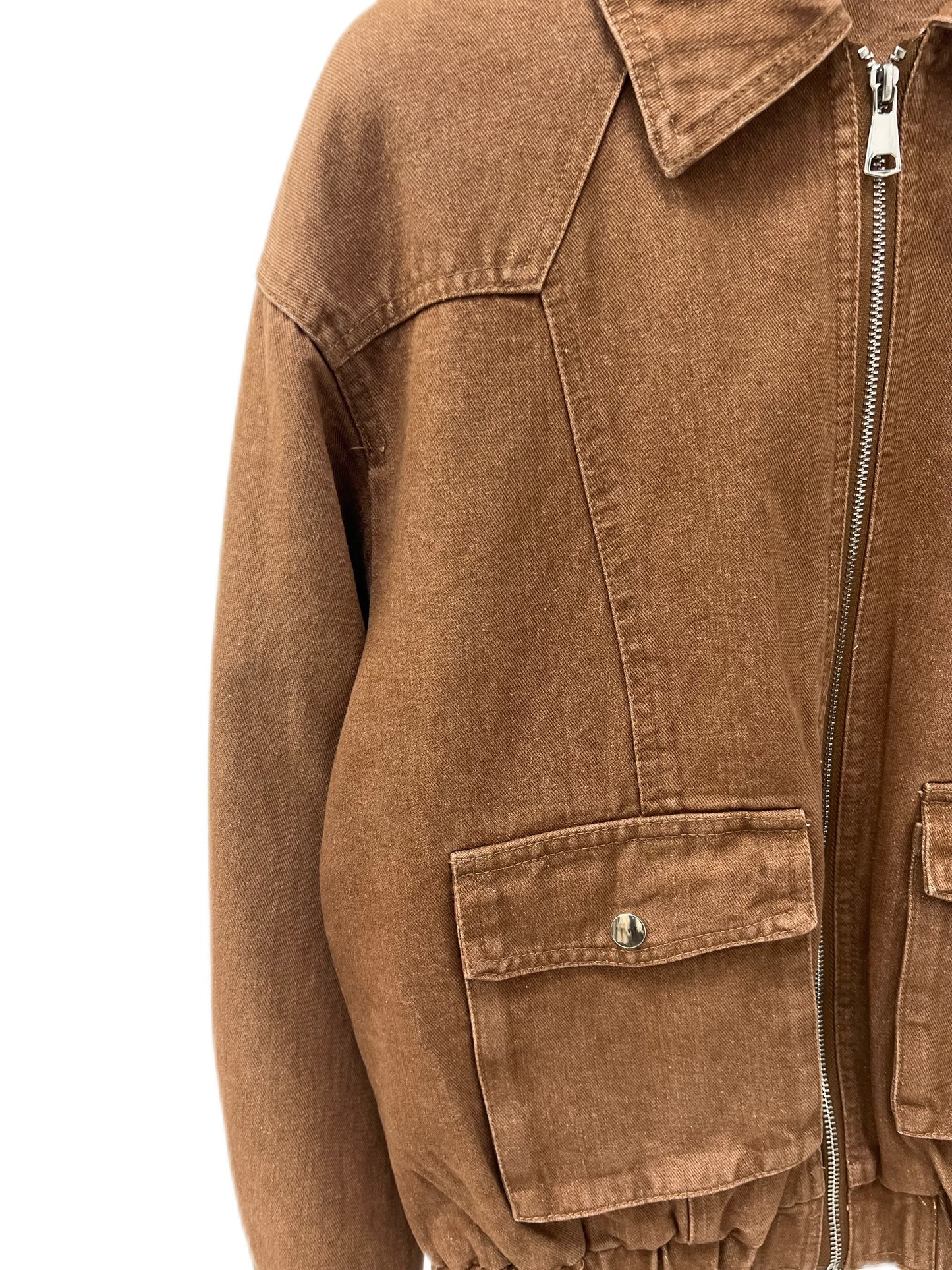 Women’s Vintage Brown Denim Jacket – Zip-Up Cropped Utility Jacket with Large Pockets, Casual Street Style Outerwear