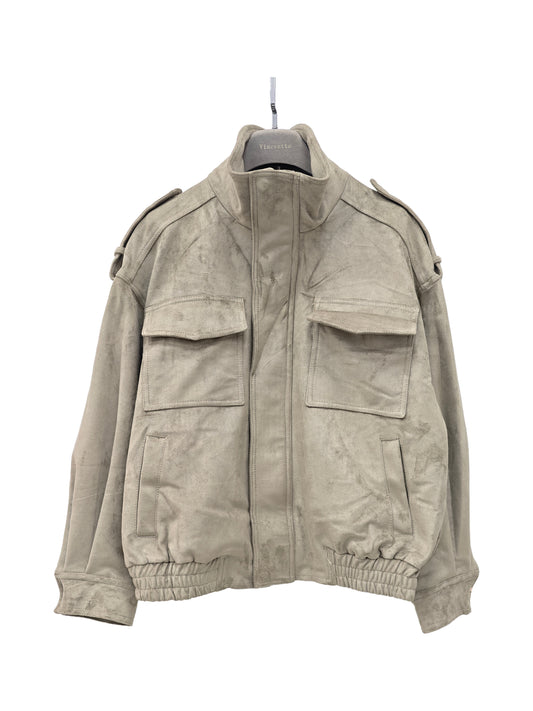 Women’s Light BEIGE Faux Suede Utility Jacket – Cropped Minimalist Outerwear, Structured Luxury Style for Daily Wear