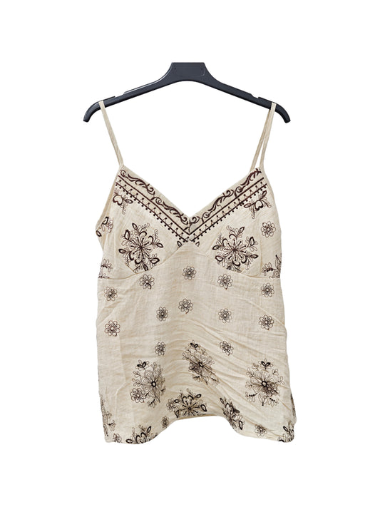 Women’s Embroidered Linen Cami Top – Boho Floral Print Spaghetti Strap Summer Tank BLU NAVY