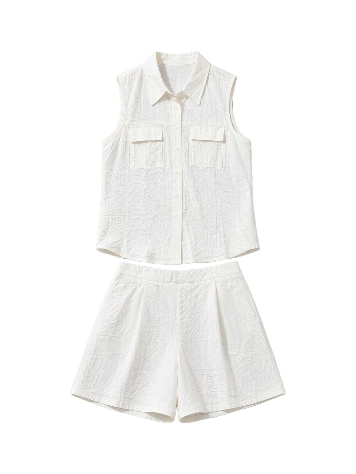 Women’s Linen Two-Piece Shorts Set – Sleeveless Button-Up Linen Shirt & Wide-Leg Shorts Co-Ord Summer Outfit