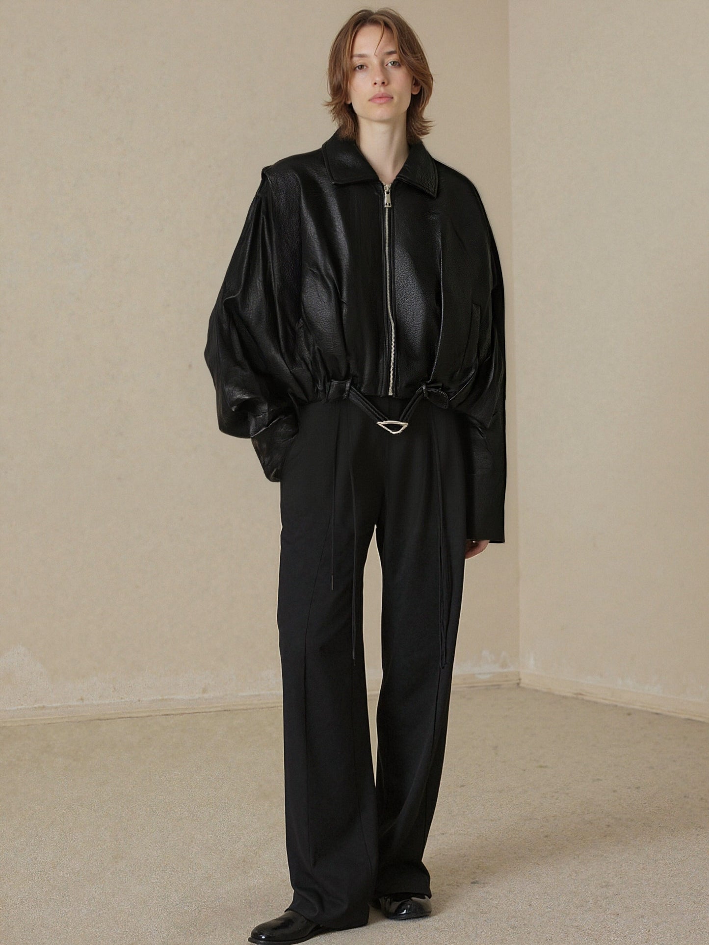 Zayla Women’s Black Faux Leather Cropped Jacket – Oversized Zip-Up Short Coat, Minimalist Fall Winter Outerwear