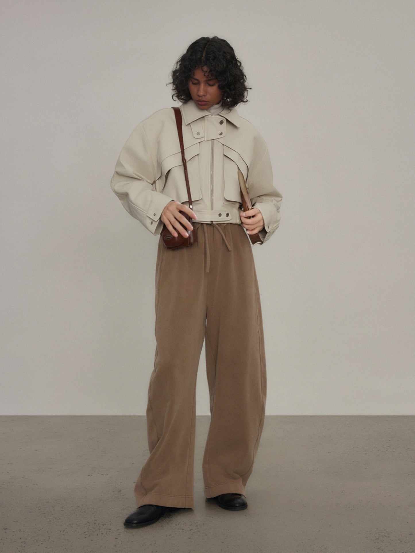 Zayla Women’s Ivory Faux Leather Cropped Jacket – Oversized Zip-Up Short Coat, Minimalist Fall Winter Outerwear