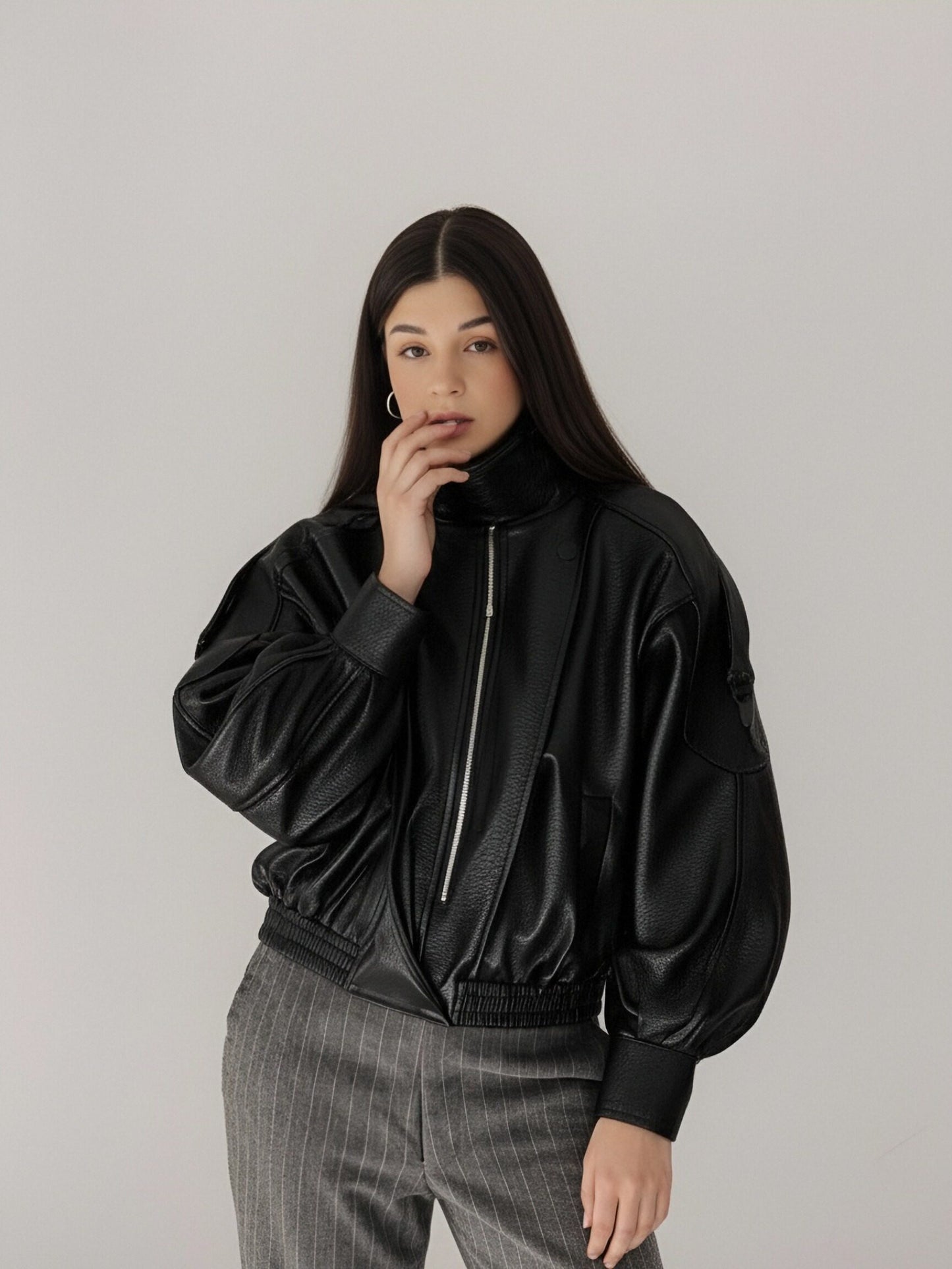 Zayla Women’s Black Faux Leather Jacket – Oversized High-Neck Moto Coat, Textured Fall Winter Outerwear