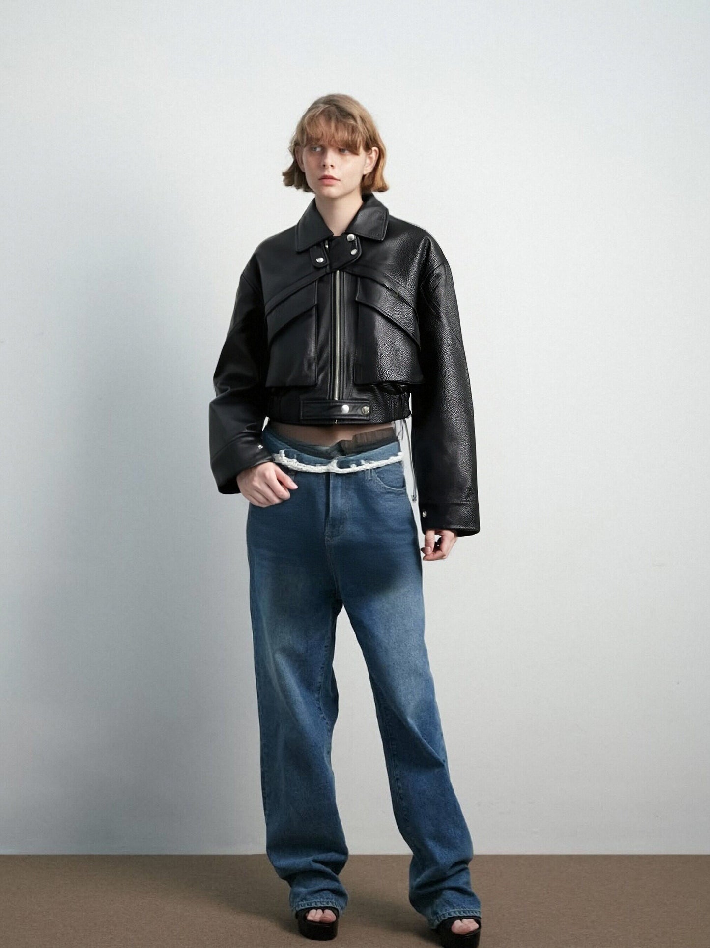 Zayla Women’s Black Faux Leather Cropped Jacket – Oversized Zip-Up Short Coat, Minimalist Street Style Outerwear