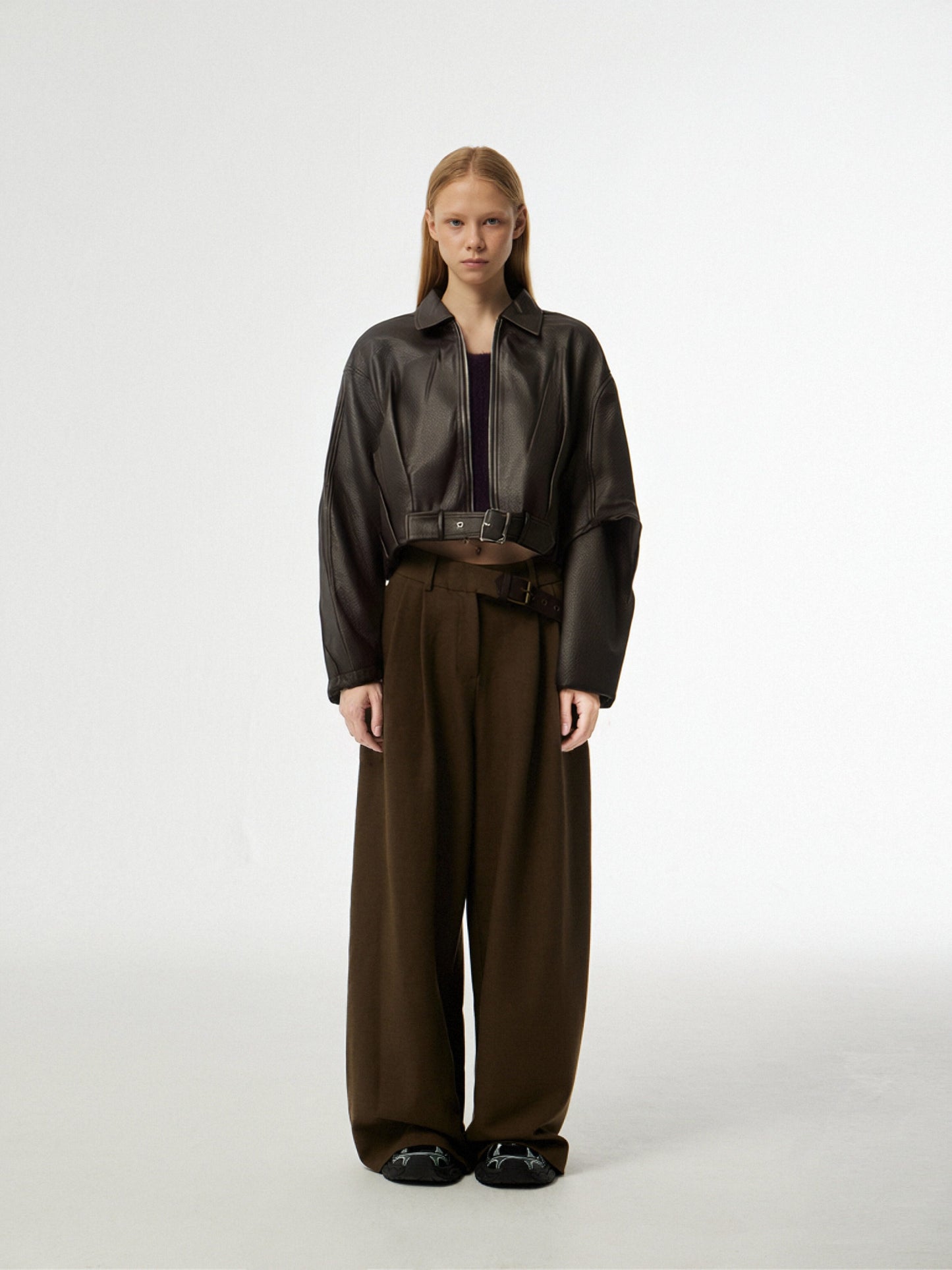 Zayla Women’s Brown Faux Leather Cropped Jacket – Oversized Zip-Up Short Coat, Soft Textured Fall Winter Outerwear