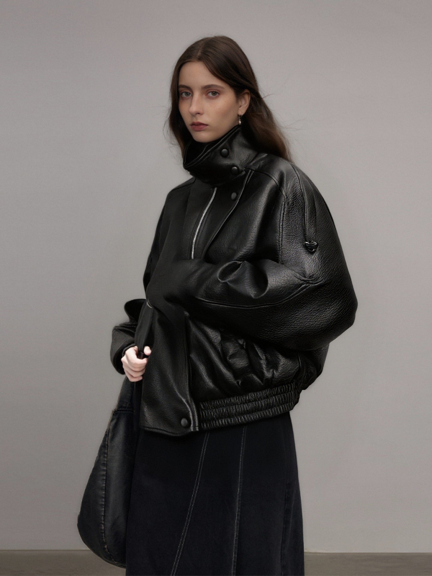 Zayla Women’s Black Faux Leather Jacket – Oversized High-Neck Moto Coat, Textured Fall Winter Outerwear