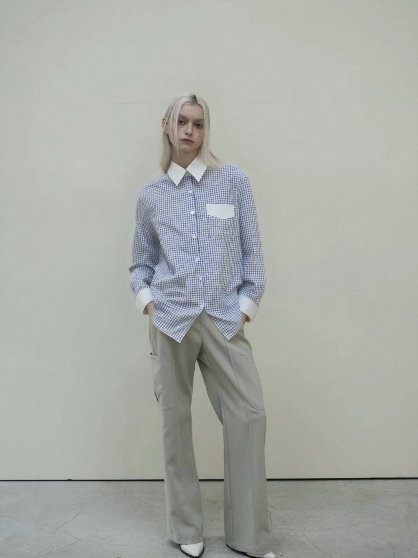 Women’s Blue Gingham Contrast Collar Shirt – Relaxed Fit Button-Up, Minimal Chic Everyday Blouse