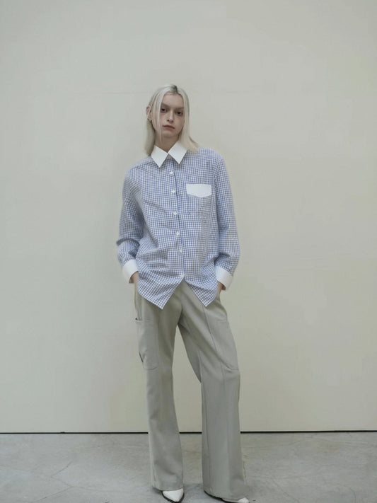 Women’s Blue Gingham Contrast Collar Shirt – Relaxed Fit Button-Up, Minimal Chic Everyday Blouse
