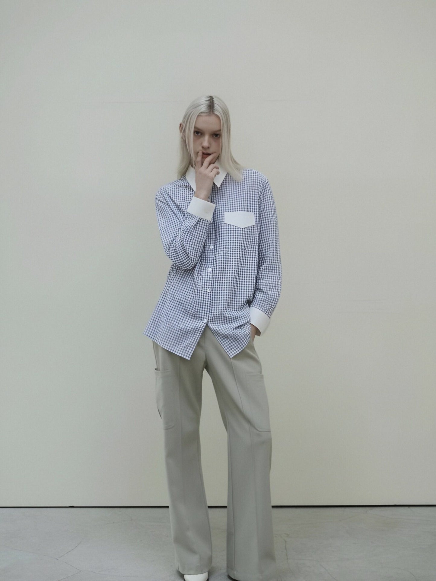 Women’s Blue Gingham Contrast Collar Shirt – Relaxed Fit Button-Up, Minimal Chic Everyday Blouse