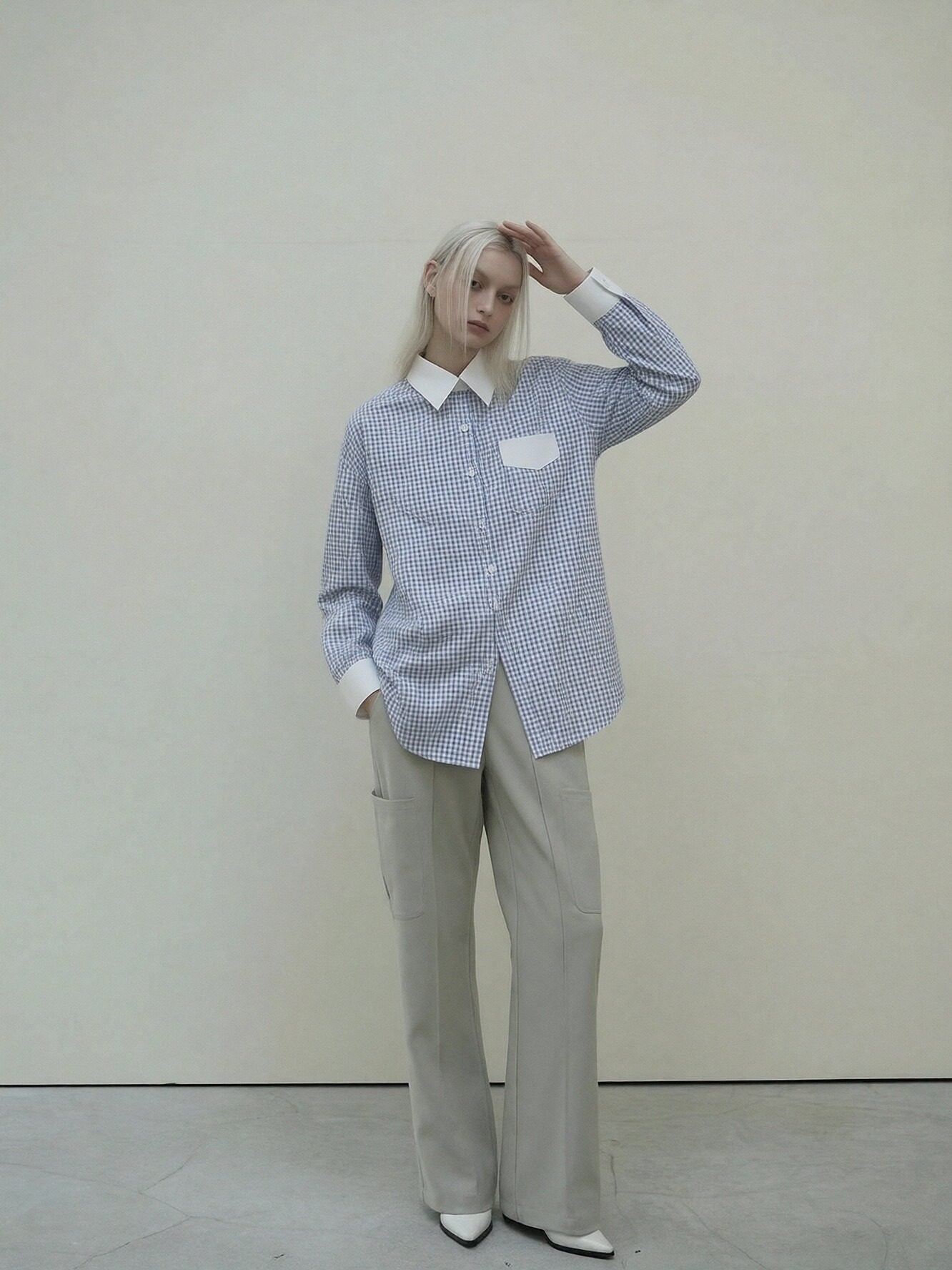 Women’s Blue Gingham Contrast Collar Shirt – Relaxed Fit Button-Up, Minimal Chic Everyday Blouse