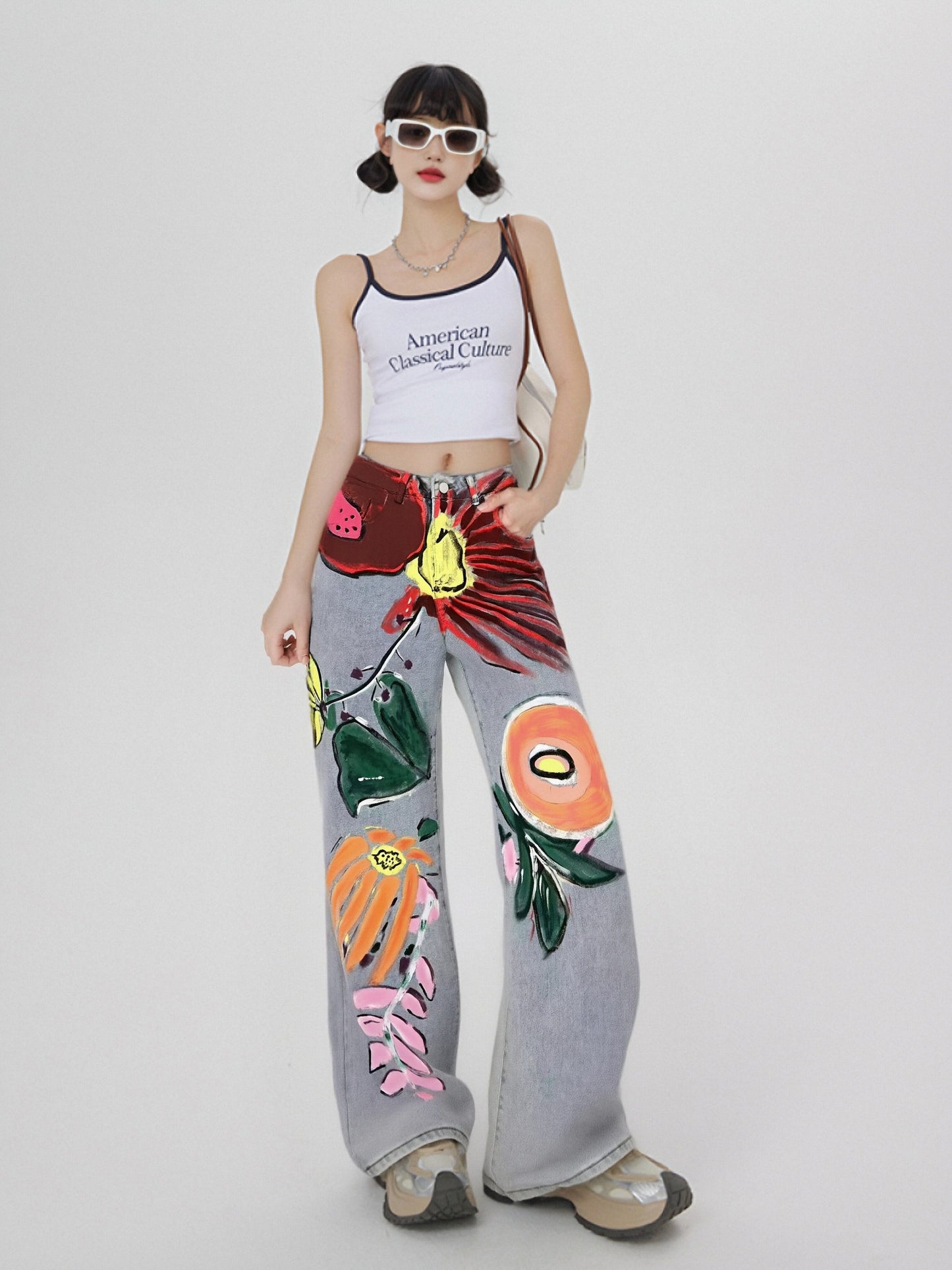 Women’s Hand-Painted Floral Denim Jeans – Artistic Wide-Leg Jeans, Statement Designer Style for Daily Wear