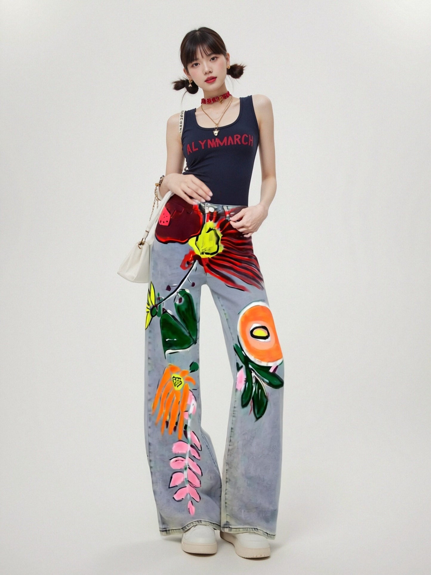 Women’s Hand-Painted Floral Denim Jeans – Artistic Wide-Leg Jeans, Statement Designer Style for Daily Wear