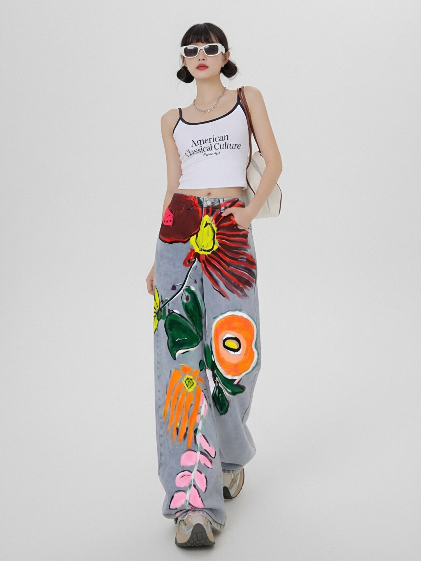 Women’s Hand-Painted Floral Denim Jeans – Artistic Wide-Leg Jeans, Statement Designer Style for Daily Wear