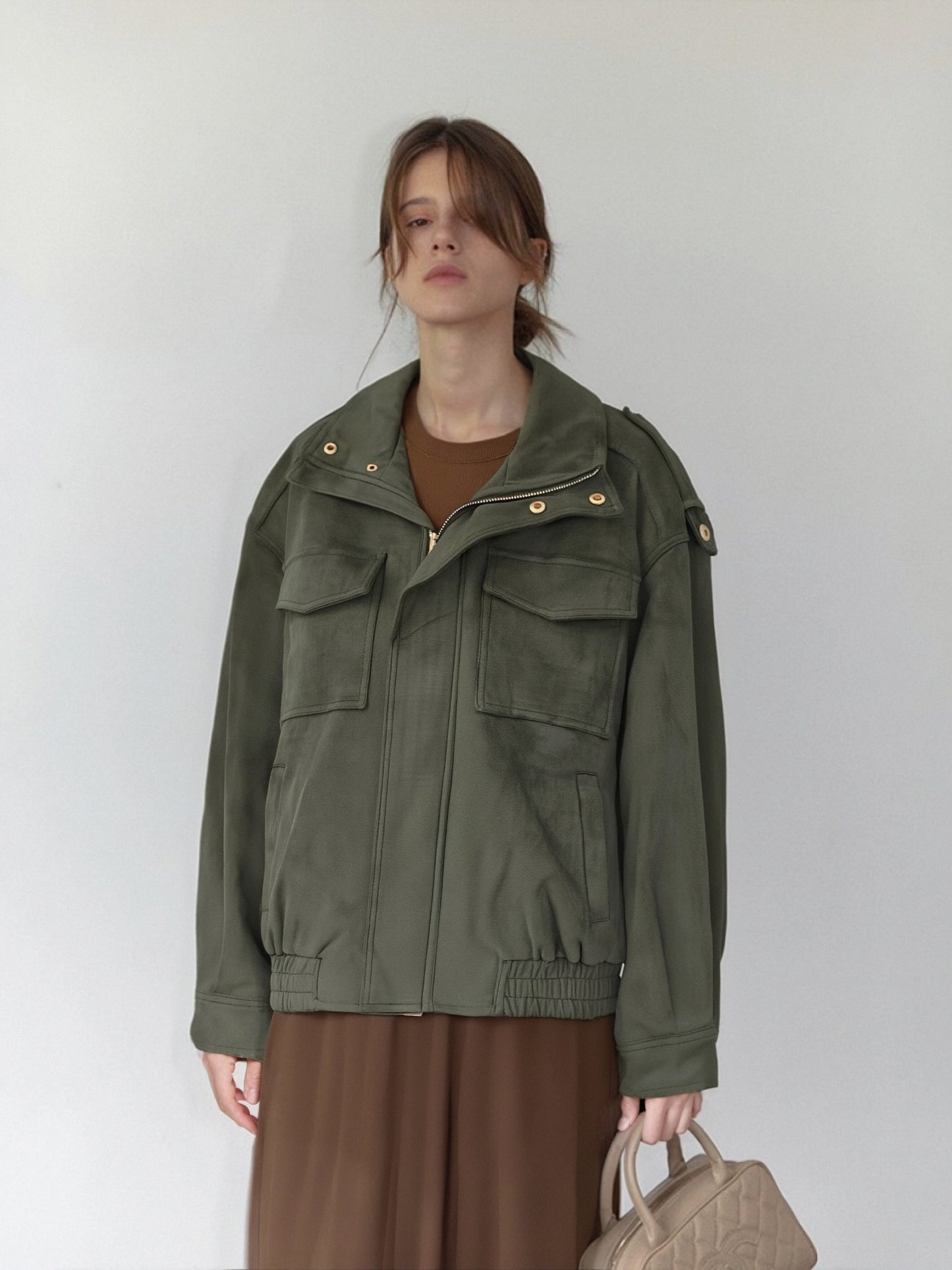 Women’s Army Green Faux Suede Jacket – Cropped Utility Style, Structured Minimalist Outerwear for Daily Wear