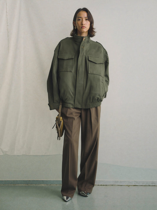 Women’s Army Green Faux Suede Jacket – Cropped Utility Style, Structured Minimalist Outerwear for Daily Wear