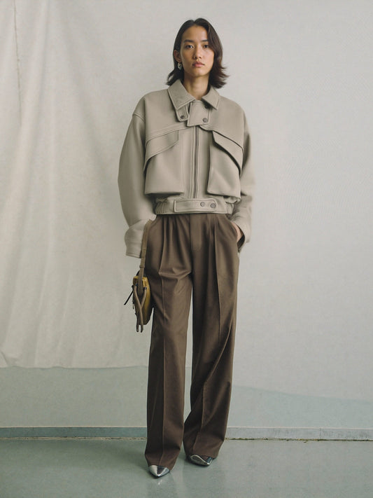 Women’s Cropped Faux Suede Jacket – Utility-Inspired Short Jacket, Structured Minimalist Outerwear for Everyday Wear