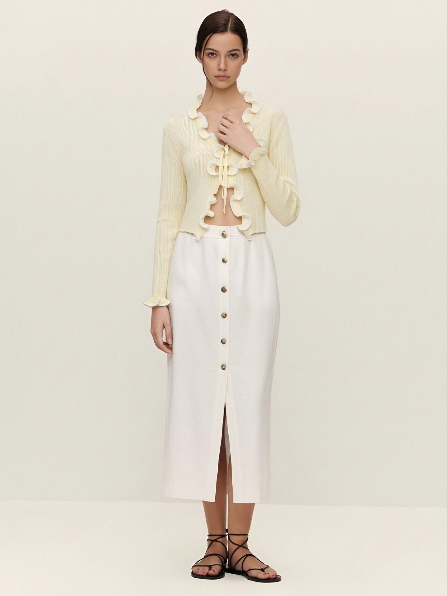 Women’s Ruffle Trim Cropped Knit Top – Lace-Up Front Cardigan, Elegant Ribbed Long Sleeve Top for Chic Everyday Style