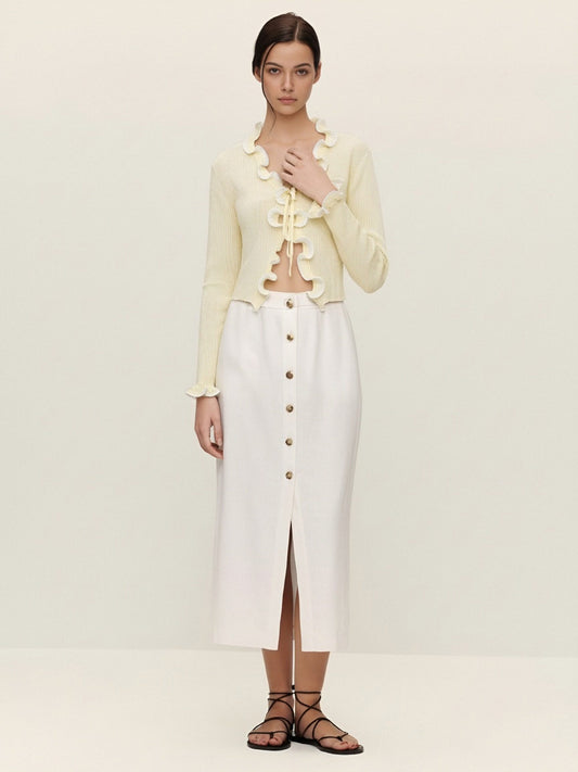 Women’s Ruffle Trim Cropped Knit Top – Lace-Up Front Cardigan, Elegant Ribbed Long Sleeve Top for Chic Everyday Style