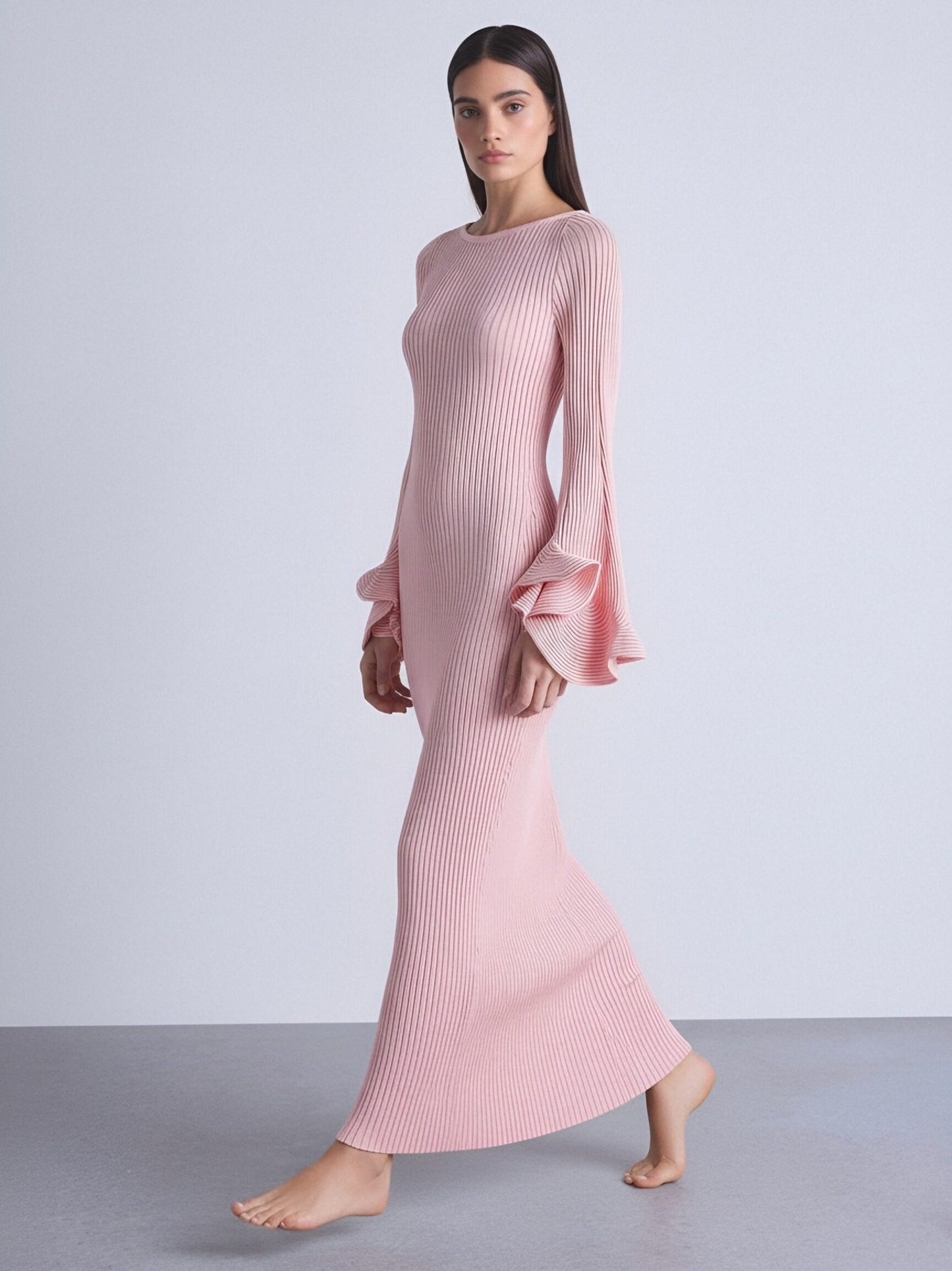 Women’s Ribbed Knit Long Sleeve Maxi Dress – Elegant Bell-Sleeve Bodycon Dress, Minimal Chic Statement for Everyday & Occasion Wear