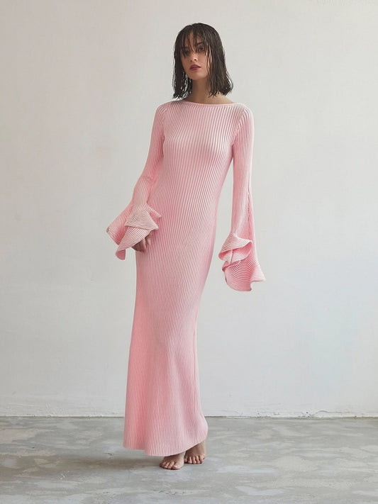Women’s Ribbed Knit Long Sleeve Maxi Dress – Elegant Bell-Sleeve Bodycon Dress, Minimal Chic Statement for Everyday & Occasion Wear