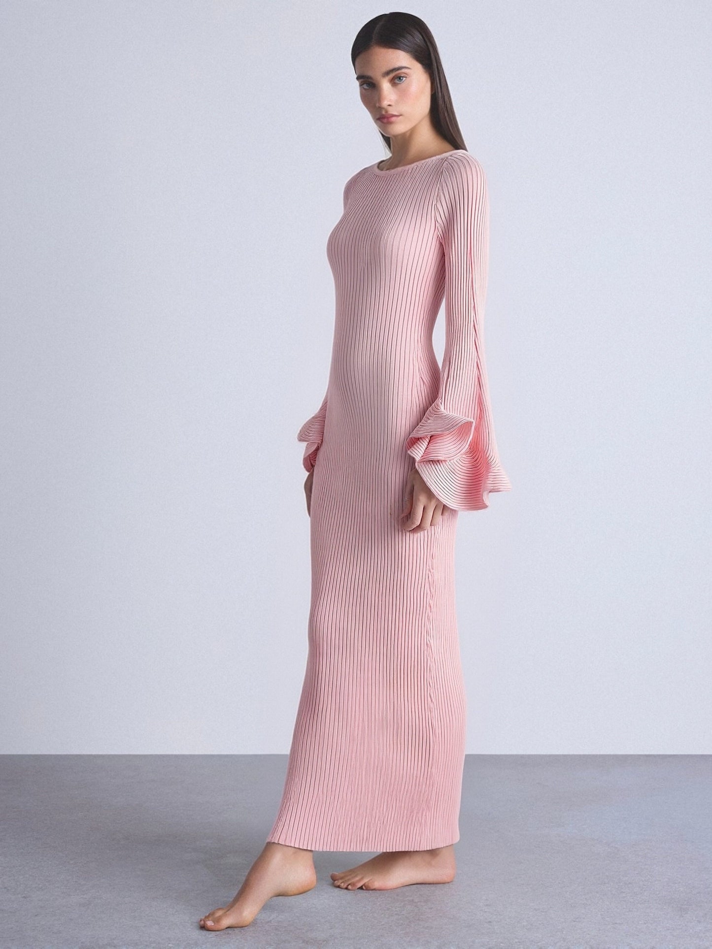 Women’s Ribbed Knit Long Sleeve Maxi Dress – Elegant Bell-Sleeve Bodycon Dress, Minimal Chic Statement for Everyday & Occasion Wear