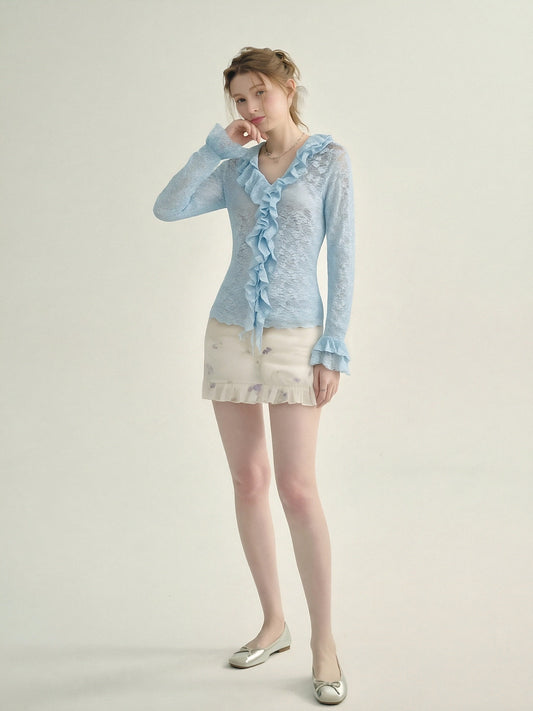 Women’s Ruffled Lace Top – Romantic Sheer Long Sleeve Blouse, Vintage-Inspired Feminine Style for Daily Wear