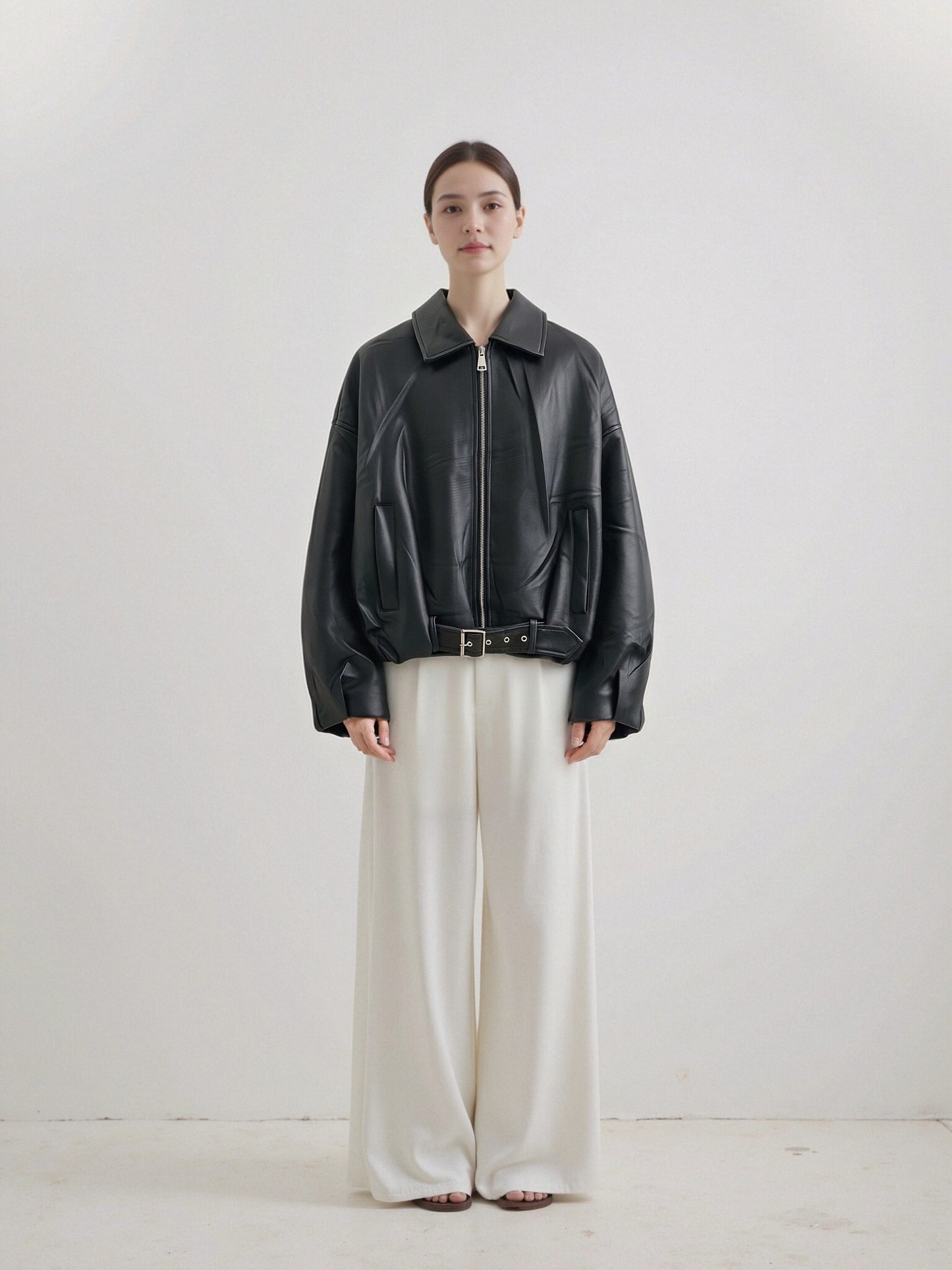 Women’s Faux Leather Bomber Jacket – Oversized Zip-Up Jacket with Belted Hem, Minimalist Street Style Outerwear