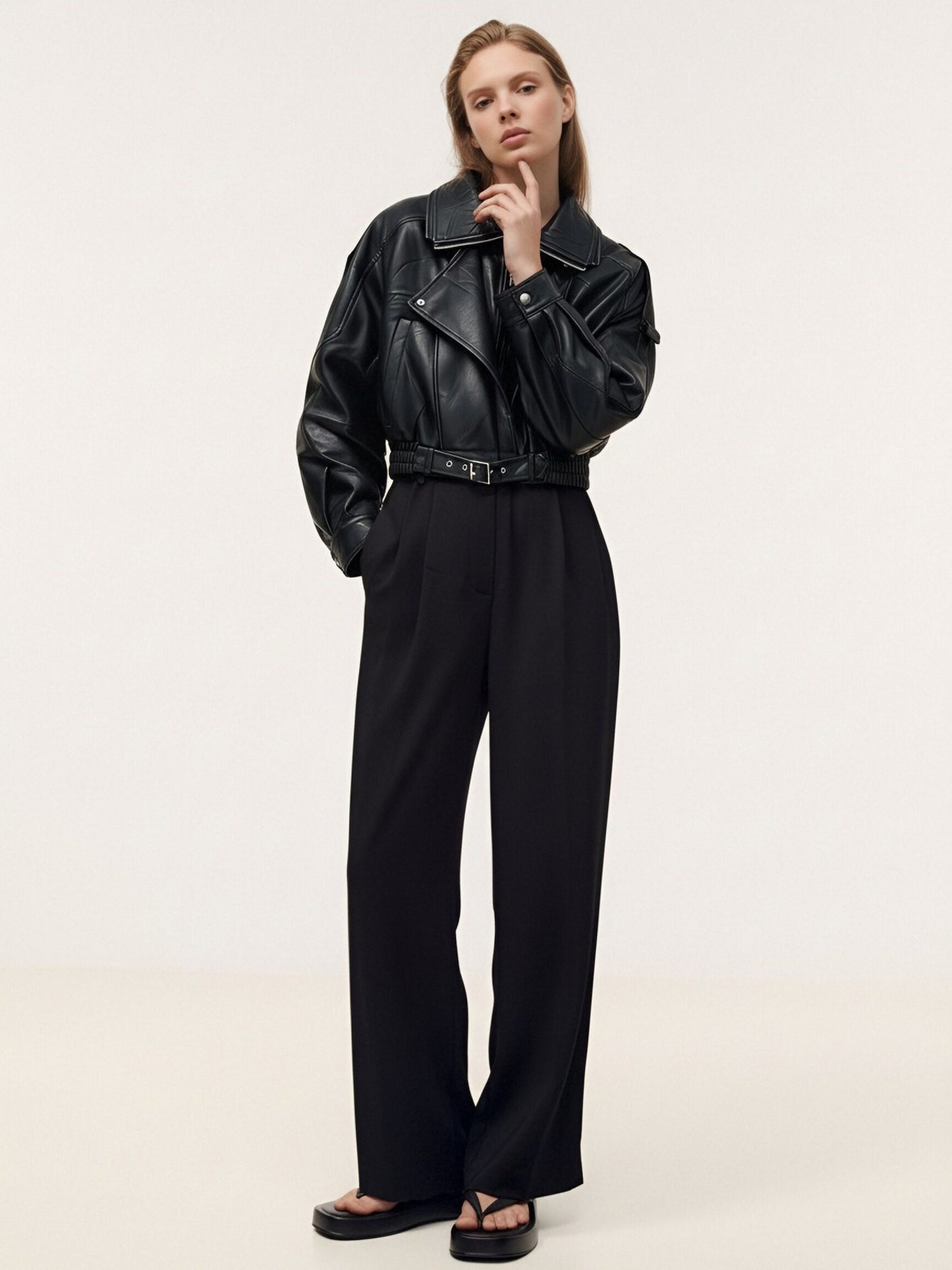 Women’s Faux Leather Bomber Jacket – Oversized Zip-Up Jacket with Belted Hem, Minimalist Street Style Outerwear