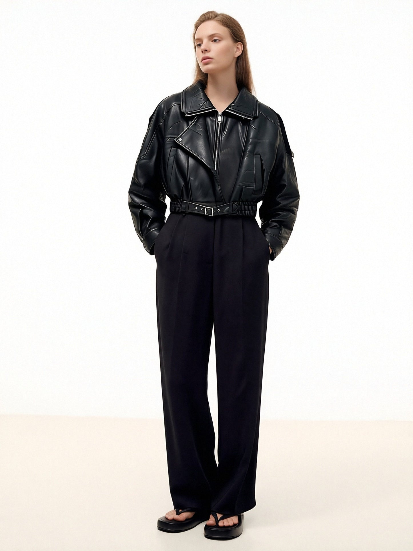 Women’s Faux Leather Bomber Jacket – Oversized Zip-Up Jacket with Belted Hem, Minimalist Street Style Outerwear