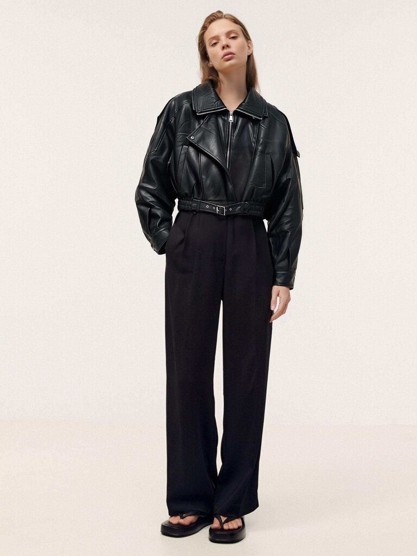 Women’s Faux Leather Bomber Jacket – Oversized Zip-Up Jacket with Belted Hem, Minimalist Street Style Outerwear