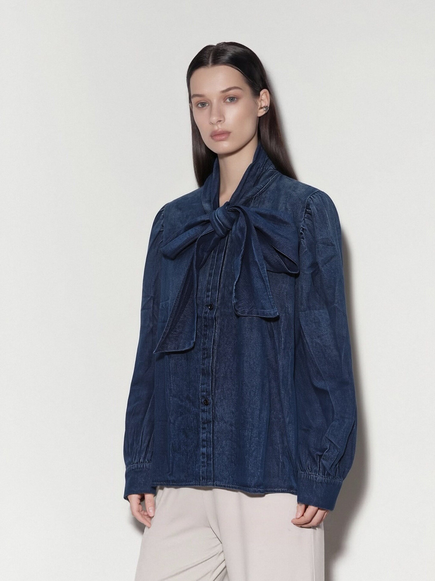 Women’s Bow Tie Denim Blouse – Vintage-Inspired Long Sleeve Shirt, Elegant Ribbon Collar Top, Feminine Casual Chic Style