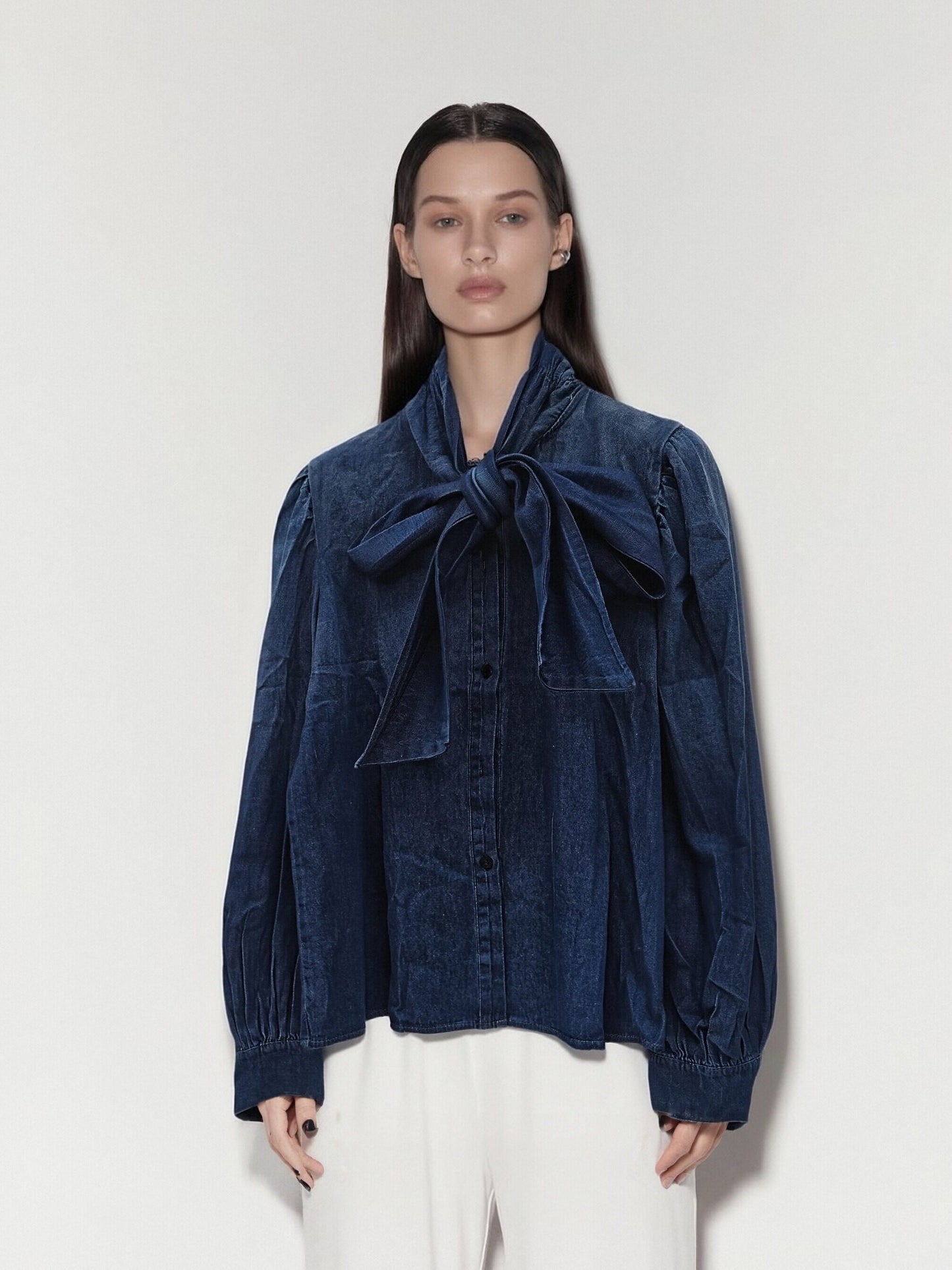 Women’s Bow Tie Denim Blouse – Vintage-Inspired Long Sleeve Shirt, Elegant Ribbon Collar Top, Feminine Casual Chic Style
