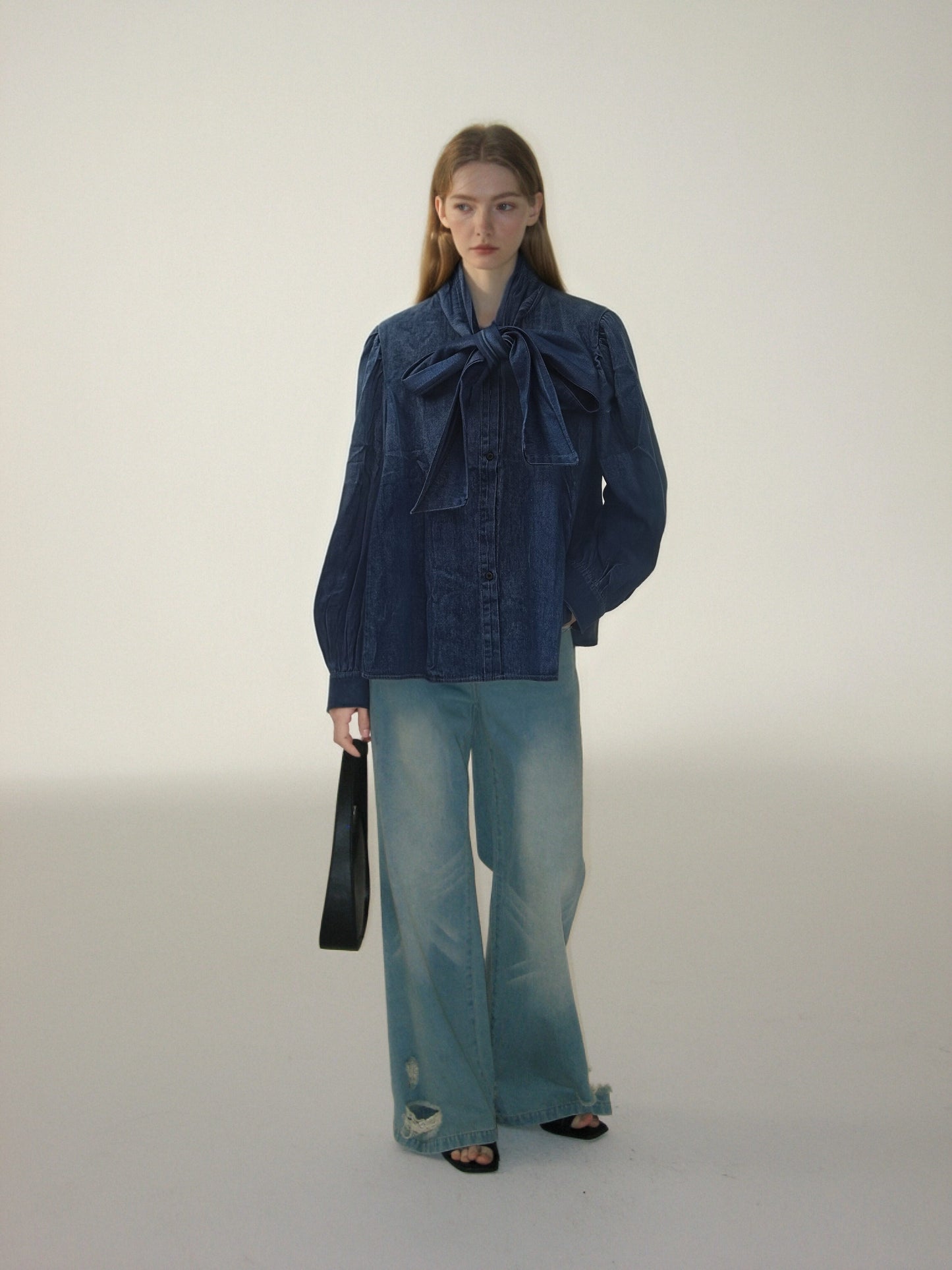 Women’s Bow Tie Denim Blouse – Vintage-Inspired Long Sleeve Shirt, Elegant Ribbon Collar Top, Feminine Casual Chic Style