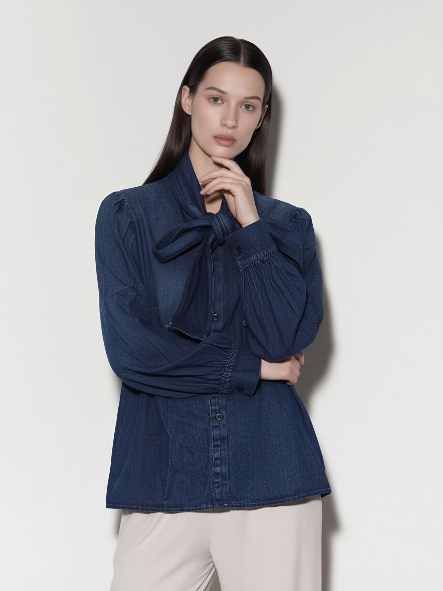 Women’s Bow Tie Denim Blouse – Vintage-Inspired Long Sleeve Shirt, Elegant Ribbon Collar Top, Feminine Casual Chic Style