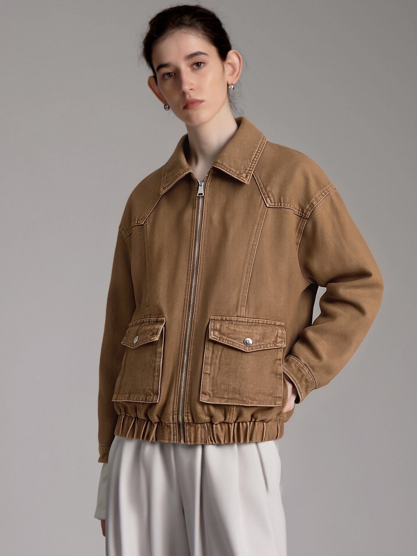 Women’s Vintage Brown Denim Jacket – Zip-Up Cropped Utility Jacket with Large Pockets, Casual Street Style Outerwear