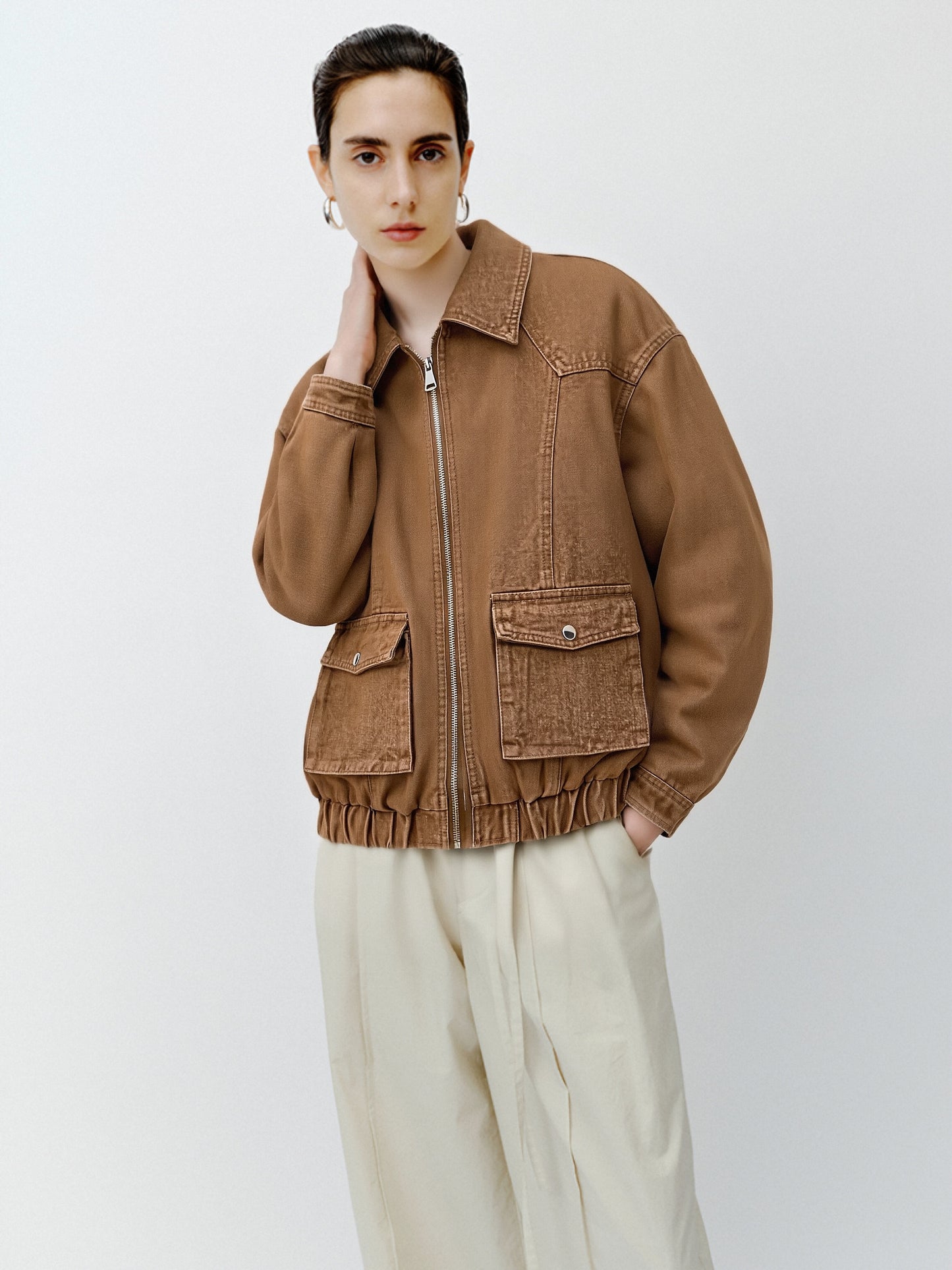 Women’s Vintage Brown Denim Jacket – Zip-Up Cropped Utility Jacket with Large Pockets, Casual Street Style Outerwear