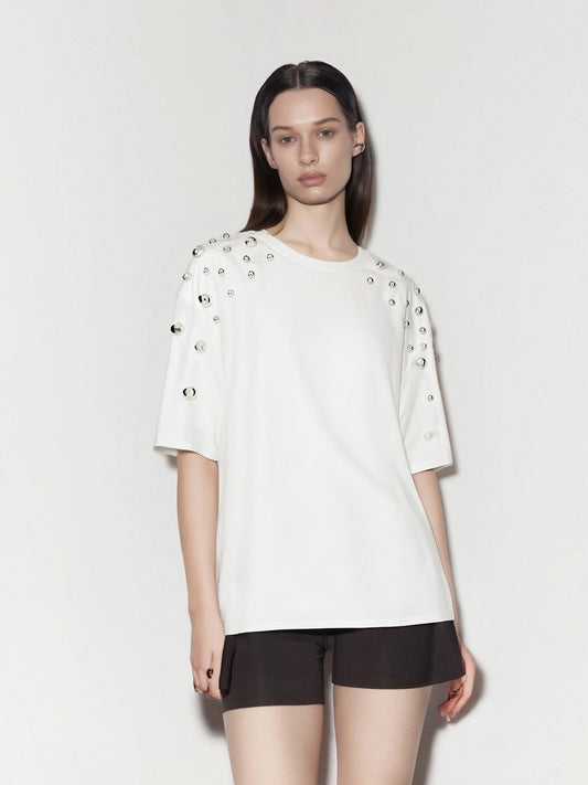 Women’s Studded Shoulder Oversized T-Shirt – Minimalist Short Sleeve Tee with Metal Ball Embellishments, Street Style Statement Top
