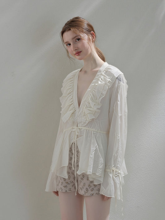 Women’s Sheer Ruffle Cardigan – Lightweight Chiffon Tie-Front Blouse, Elegant Flowy Cover-Up
