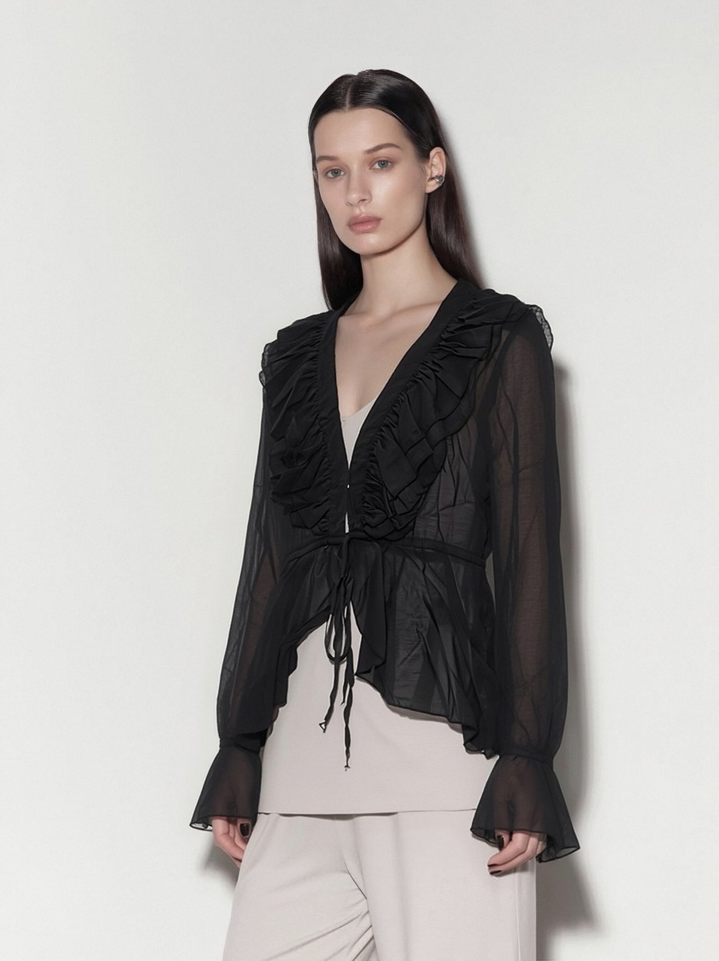 Women’s Sheer Ruffle Cardigan – Lightweight Chiffon Tie-Front Blouse, Elegant Flowy Cover-Up