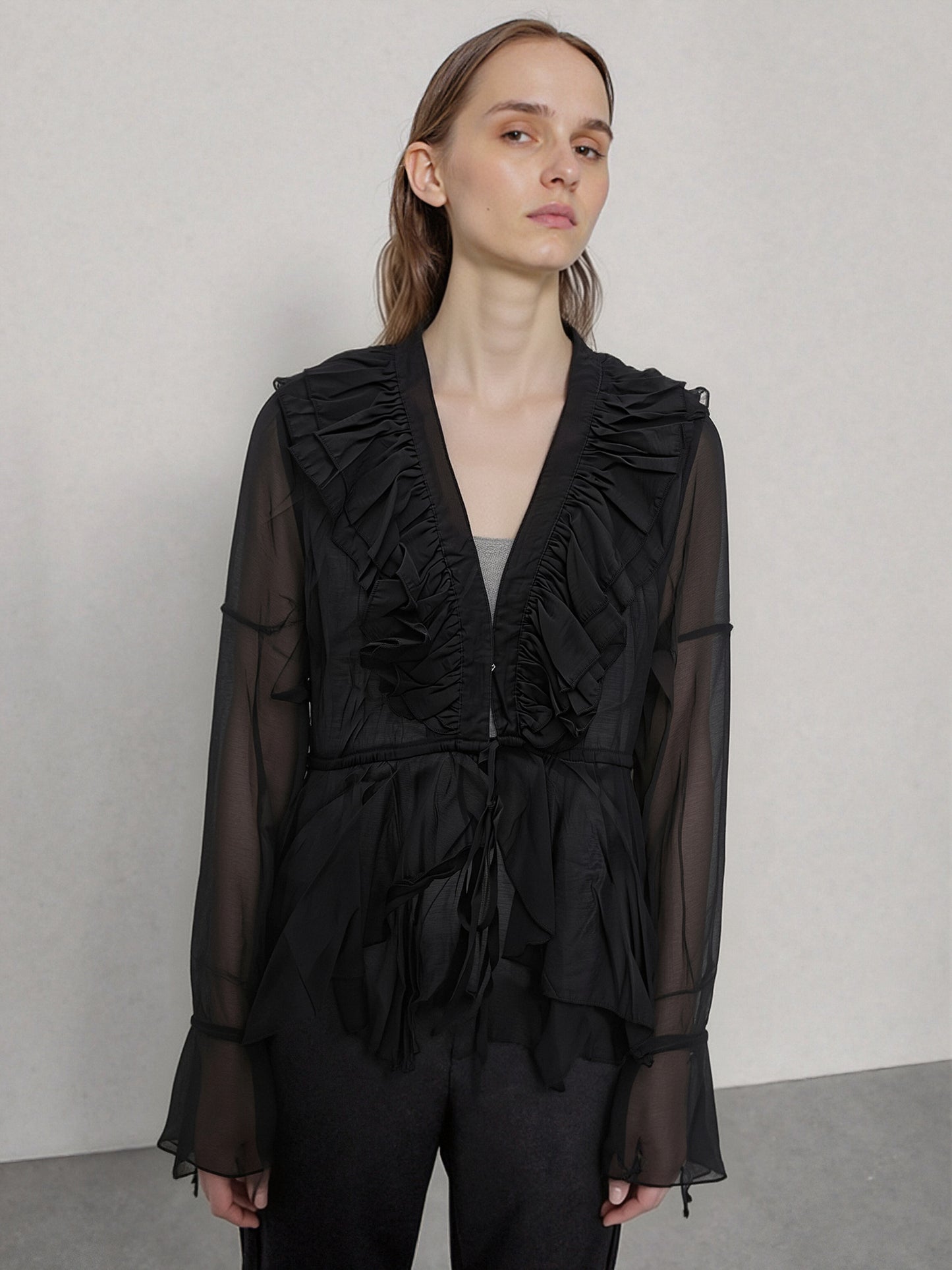 Women’s Sheer Ruffle Cardigan – Lightweight Chiffon Tie-Front Blouse, Elegant Flowy Cover-Up