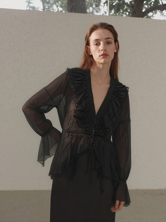 Women’s Sheer Ruffle Cardigan – Lightweight Chiffon Tie-Front Blouse, Elegant Flowy Cover-Up