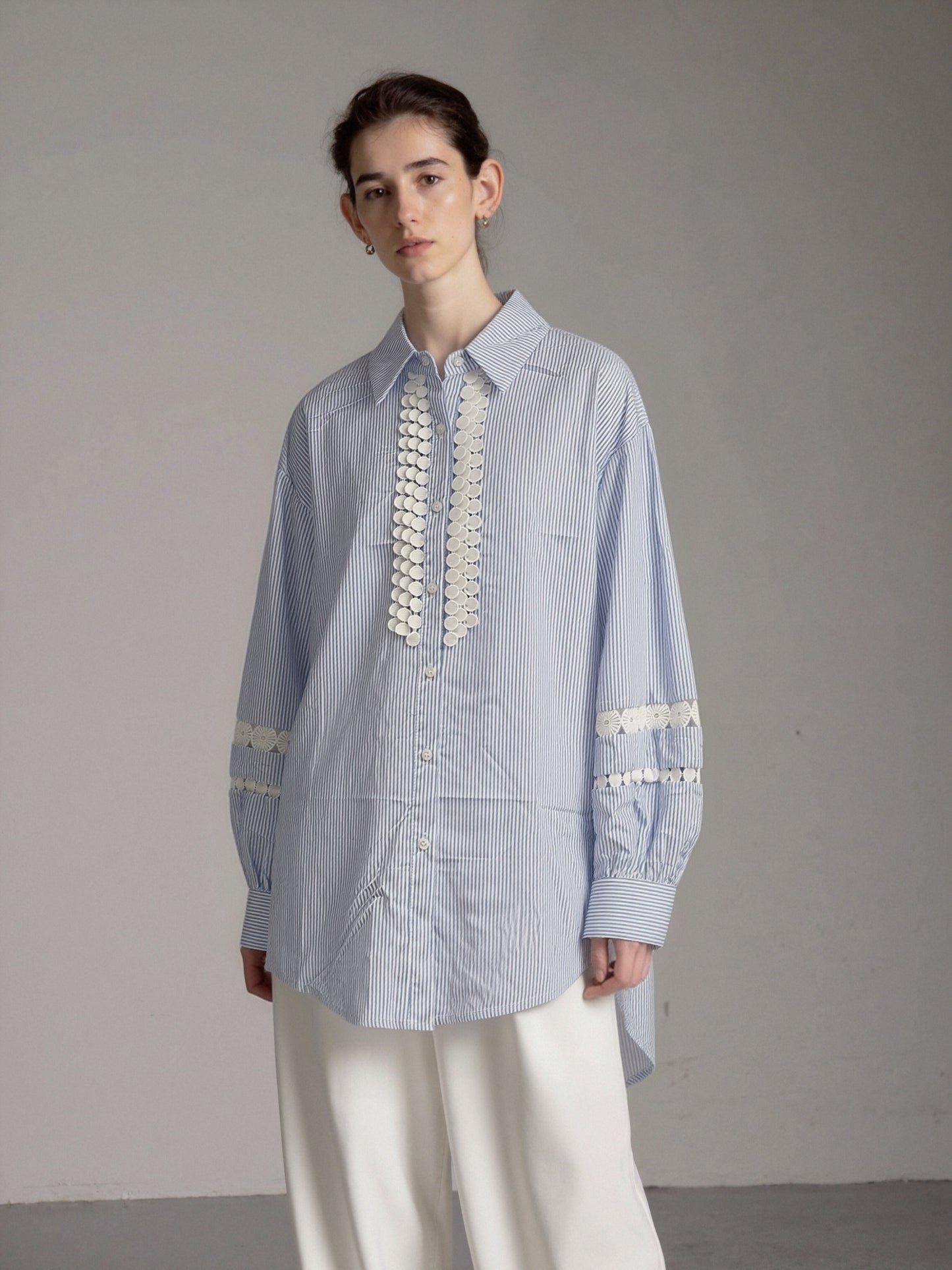 Women’s Blue Striped Oversized Shirt – Lace Trim Button-Up Blouse