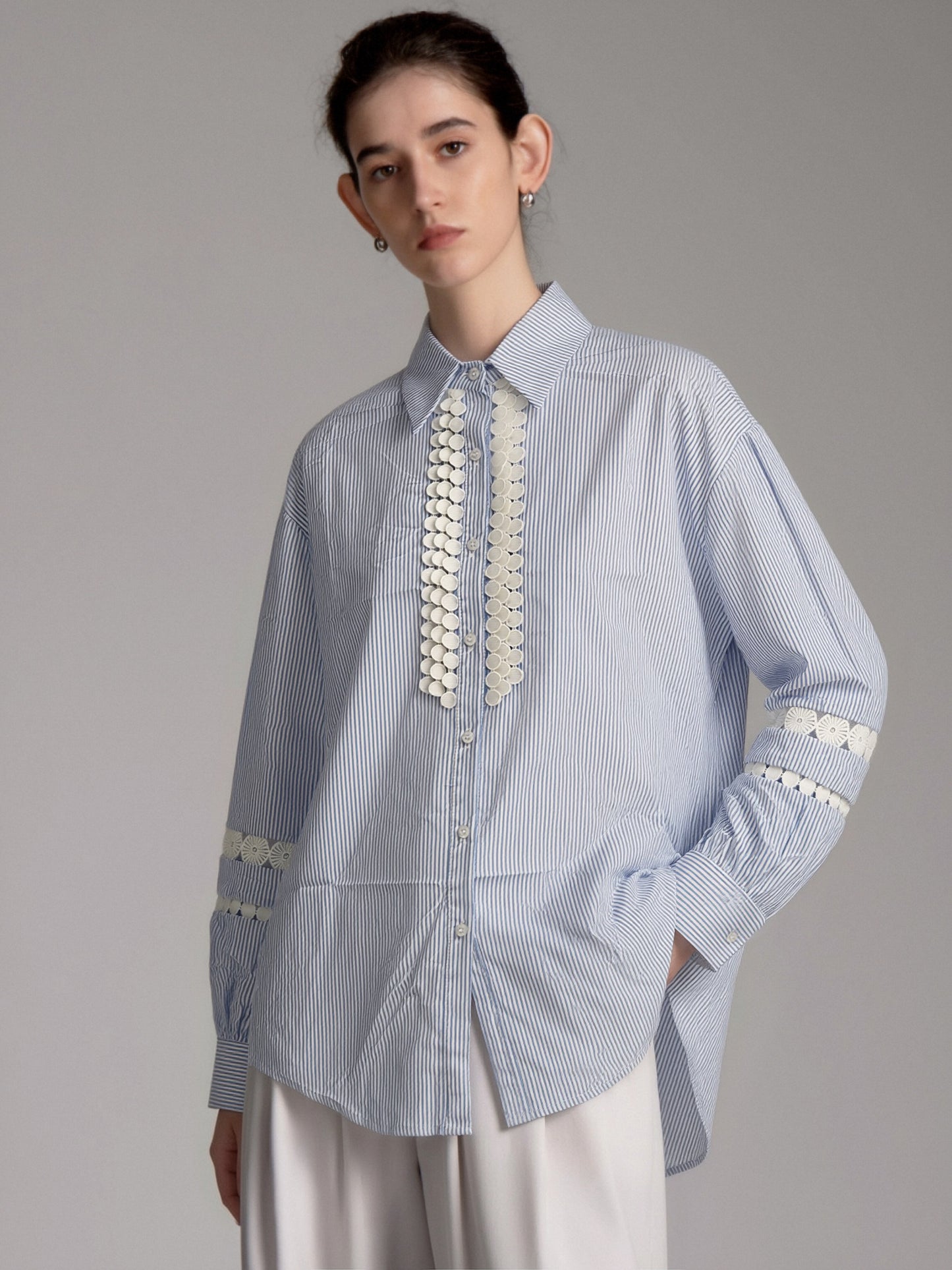 Women’s Blue Striped Oversized Shirt – Lace Trim Button-Up Blouse